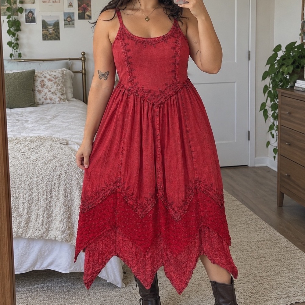 Burgundy Red Handkerchief Hem Fairy Grunge boho Midi Dress ren fair One Size